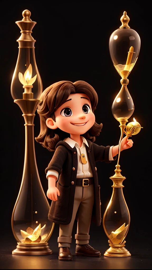 10 year old Jesus smiling with an hourglass, black background