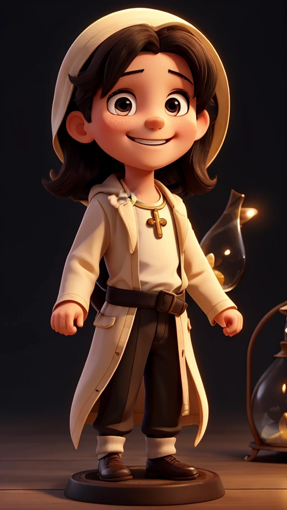 10 year old Jesus smiling with an hourglass, black background