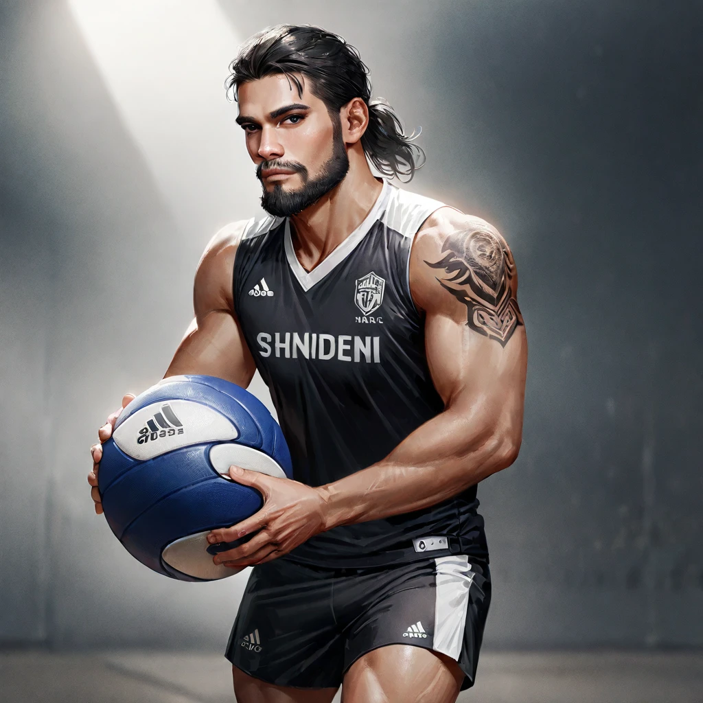 1boy, male focus, solo, ball, realistic, shorts, facial hair, tattoo, sportswear, holding ball, black hair, holding, black shorts, looking at viewer, beard, shirt, jersey, standing, ((medium quality)), ((medium quality))
