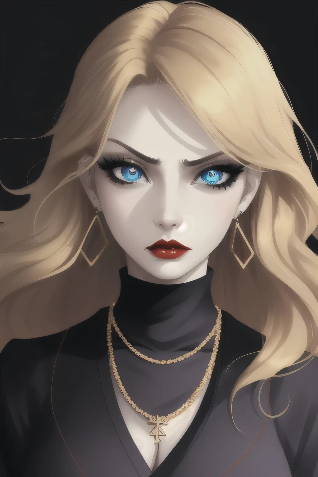 goth girl woman, pale skin, Red lips,  Japanese explosion, high quality, Blue eyes, simple background, dark background, serious look,  black clothes, necklace, detailed face, detailed eyes, Golden hair, eyelashes, earrings, portrait,  