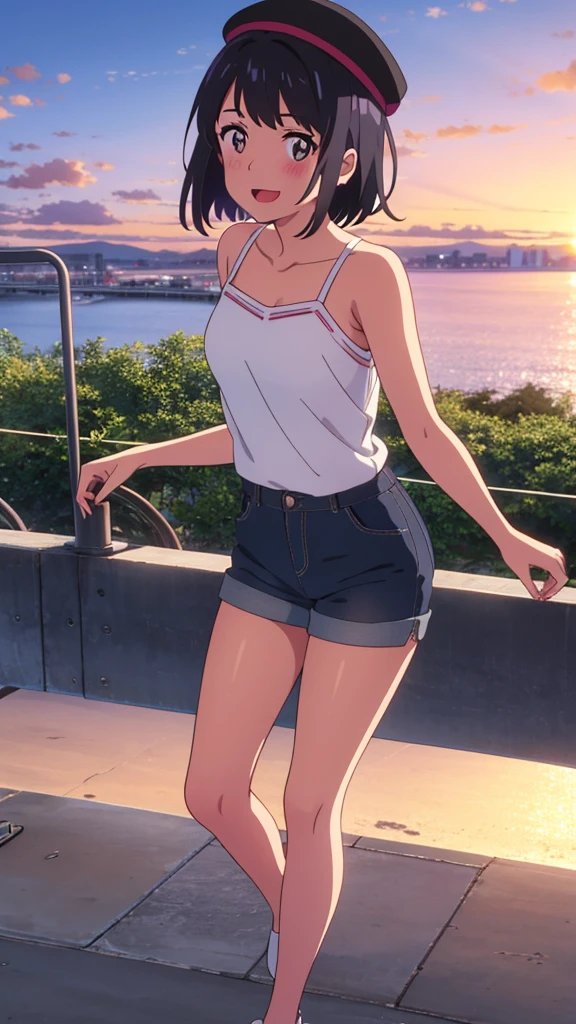 shinkai makoto, kimi no na wa., 1girl, bangs, black hair, blush, bright eyes, brown eyes, looking at the viewer, casual clothes, black bonnie hat, white shirt, bare shoulders, blue shorts, black pantyhose, short hair, solo, outdoors, shinny skin, smile, open mouth, evening, sunset, sunset sky, summer_season, scenery
