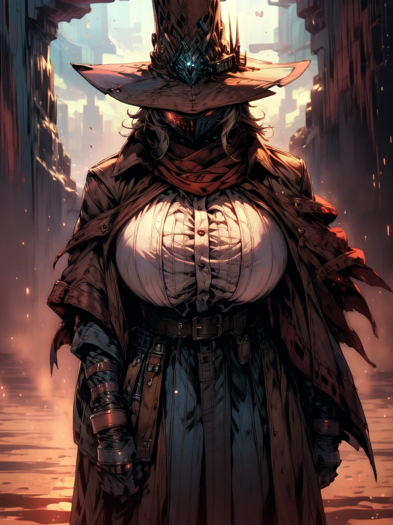 cowboy shot, lonely desert, SUNSET, chunky hat, leathery, dust, cowgirl, bounty hunter, huge perfect breast, Short stackBT