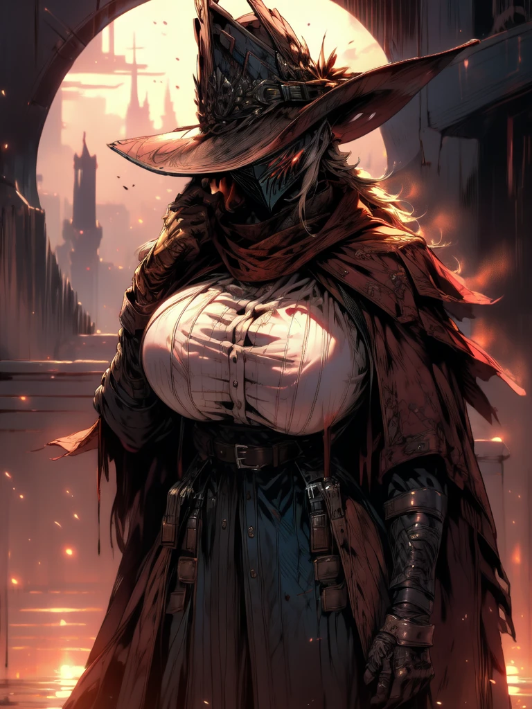 cowboy shot, lonely desert, SUNSET, chunky hat, leathery, dust, cowgirl, bounty hunter, huge perfect breast, Short stackBT