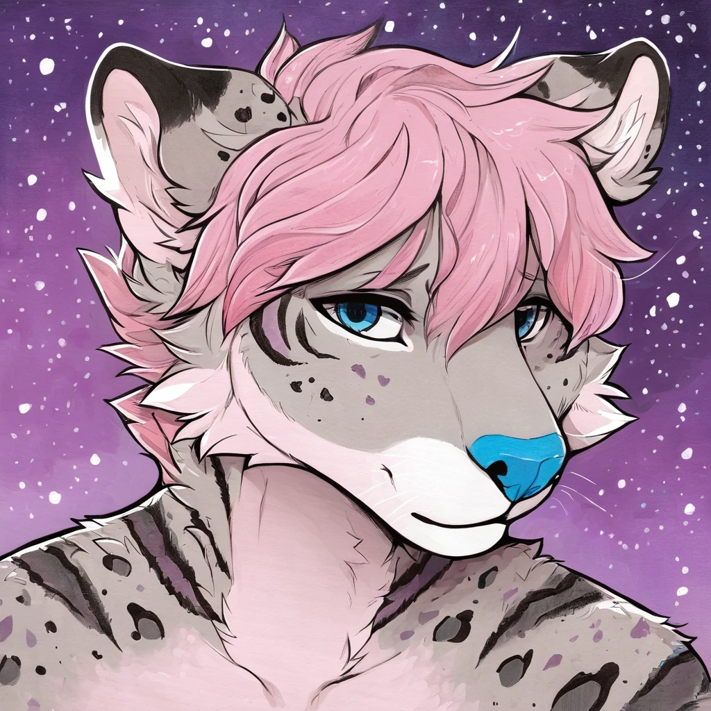 Single, solo, adult, feline, mammal, anthro, anthropomorphic, snow_leopard, cat, striped_feline, fur, furred_anthro, fluffy_tail, femboy, male, bangs, ear_tufts, blue_nose, hair_tuft, hair_between_eyes, long_tail, fluffy, feline_ears, expressive_eyes, purple_hair, gradient_galaxy, pinkish_purple_galaxy_background, light, looking_at_viewer, pink_hair, pink_fur, shy, small_pupils, spotted_pattern, stripes, tail, tiger_stripes, traditional_art, hand-drawn, pencil_lines, ink_details, natural_imperfections, brush_strokes, textured_shading, detailed_line_work, high_resolution, background, head_visible, neck_visible, profile_picture, seductive_face, headshot, close_up