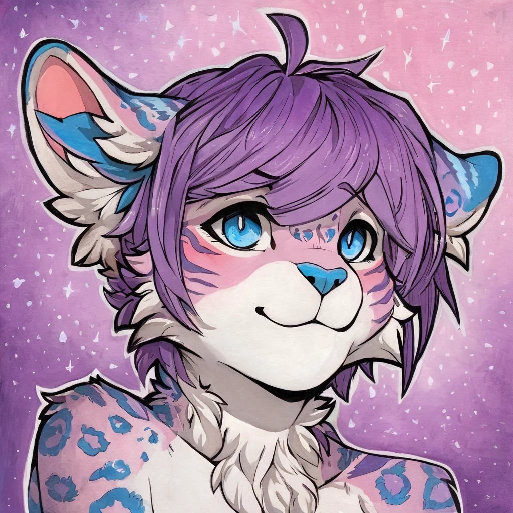 Single, solo, adult, feline, mammal, anthro, anthropomorphic, snow_leopard, cat, striped_feline, fur, furred_anthro, fluffy_tail, femboy, male, bangs, ear_tufts, blue_nose, hair_tuft, hair_between_eyes, long_tail, fluffy, feline_ears, expressive_eyes, purple_hair, gradient_galaxy, pinkish_purple_galaxy_background, light, looking_at_viewer, pink_hair, pink_fur, shy, small_pupils, spotted_pattern, stripes, tail, tiger_stripes, traditional_art, hand-drawn, pencil_lines, ink_details, natural_imperfections, brush_strokes, textured_shading, detailed_line_work, high_resolution, background, head_visible, neck_visible, profile_picture, seductive_face, headshot, close_up