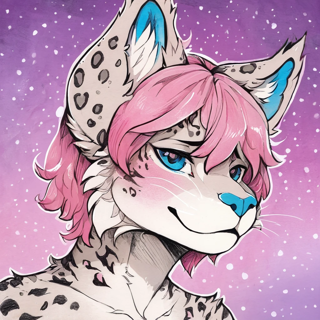 Single, solo, adult, feline, mammal, anthro, anthropomorphic, snow_leopard, cat, striped_feline, fur, furred_anthro, fluffy_tail, femboy, male, bangs, ear_tufts, blue_nose, hair_tuft, hair_between_eyes, long_tail, fluffy, feline_ears, expressive_eyes, purple_hair, gradient_galaxy, pinkish_purple_galaxy_background, light, looking_at_viewer, pink_hair, pink_fur, shy, small_pupils, spotted_pattern, stripes, tail, tiger_stripes, traditional_art, hand-drawn, pencil_lines, ink_details, natural_imperfections, brush_strokes, textured_shading, detailed_line_work, high_resolution, background, head_visible, neck_visible, profile_picture, seductive_face, headshot, close_up