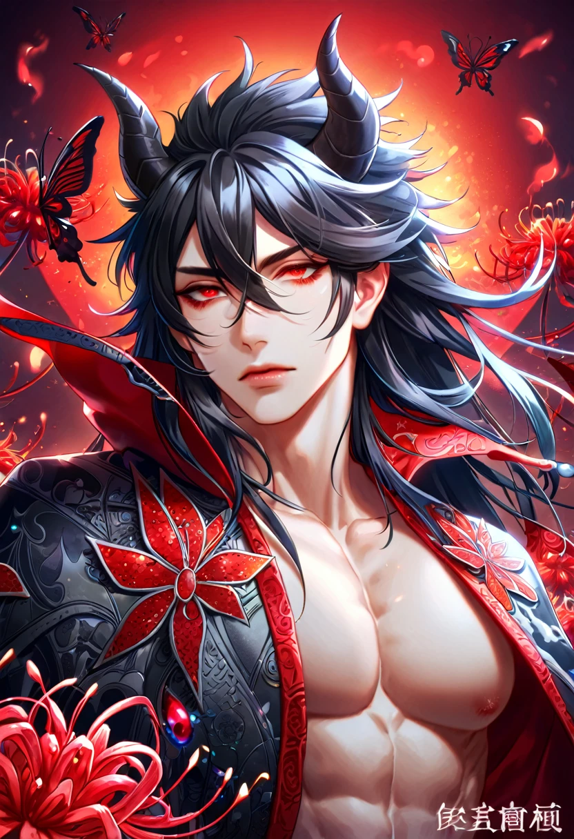 absurdres, highres, ultra detailed, HDR, master piece, best quality, extremely detailed face, delicated features, Xue Yu, untamed spiky hair, black hair, black long hair, hair between the eyes, expressive red eyes, Thousand Years War, solo, sexy man, handsome, toned chest, demon, black horns, devil tail, black cape, red robes, accessories, patterns, red sky, red butterflies, red spider lilies, fantasy, magical, radiant, envy magical