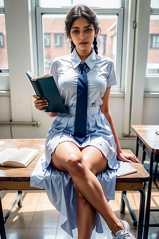 Raw photo , 1 girl Big Breasted ,Wearing white frock and color tie, white shoes, (( studying in the classroom Reading book)), with plait, professional photographer, (hdr:1.4), masterpiece, ultra-realistic 8k, perfect artwork, intrincate details, cute face, award winning photograph, (Best quality, 8k, 32k, Masterpiece, UHD:1.3) ,