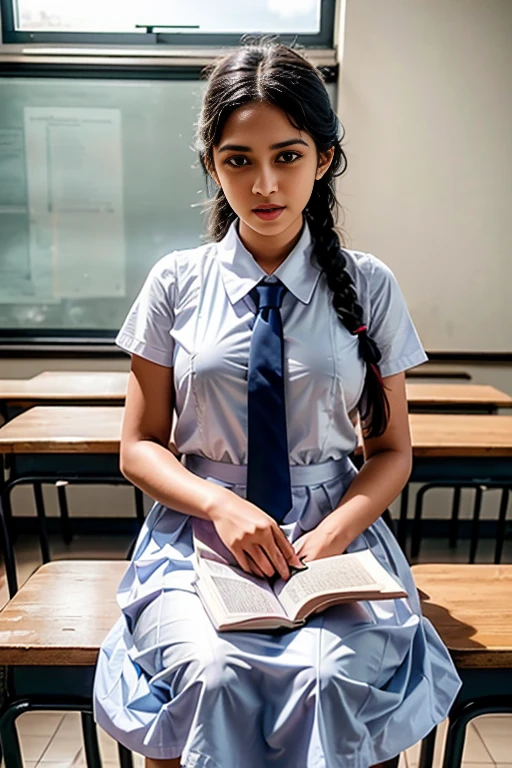 Raw photo , 1 girl Big Breasted  ,Wearing white frock and color tie, white shoes,  (( studying  in the classroom Reading book)), with plait, professional photographer, (hdr:1.4), masterpiece, ultra-realistic 8k, perfect artwork, intrincate details, cute face, award winning photograph, (Best quality, 8k, 32k, Masterpiece, UHD:1.3) ,