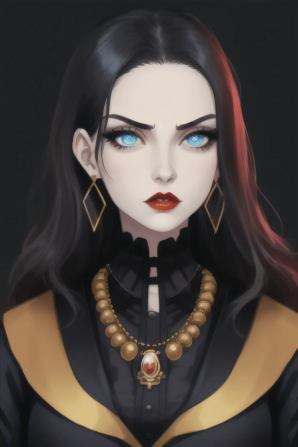 goth girl woman, pale skin, Red lips, Japanese explosion, high quality, Blue eyes, simple background, dark background, serious look, black clothes, necklace, detailed face, detailed eyes, Golden hair, eyelashes, earrings, portrait,