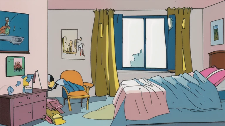 Cartoon style, a sloppy bedroom in America in the 1960s, a messy boy's bedroom, with a window.