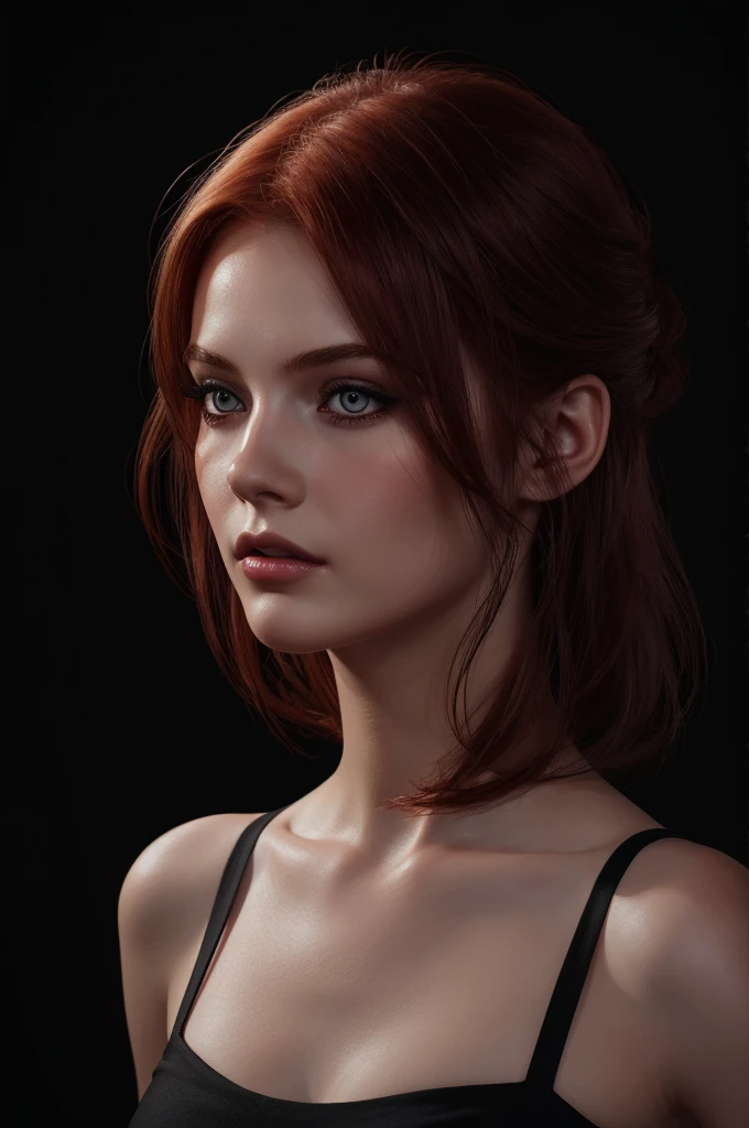 woman with medium-hair ,Auburn-red-hair, pale,soft body,eyeliner,portrait, beautiful woman, beautiful female ,beautiful ,eyeliner , elegant, digital painting, smooth, dramatic lighting, ultra realistic, 8k, art , blur backgrond, black background ,black background,black wallpaper