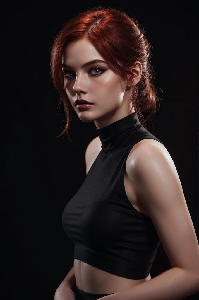 woman with medium-hair ,Auburn-red-hair, pale,soft body,eyeliner,portrait, beautiful woman, beautiful female ,beautiful ,eyeliner , elegant, digital painting, smooth, dramatic lighting, ultra realistic, 8k, art , blur backgrond, black background ,black background,black wallpaper