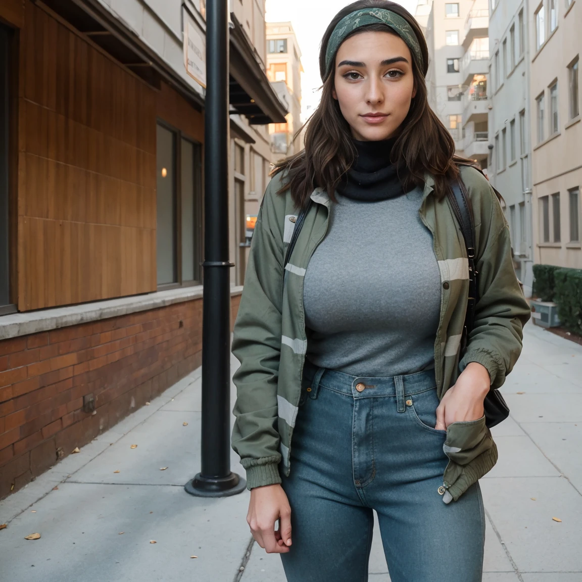 Extremely busty thin and toned brunette photographer, college girl, fair skin, loose side sweep, soft face, athletic, bandana babushka headwrap, tight olive green casual windbreaker, skinny jeans. standing in front of her apartment building, outdoors, city, camera bag, cleavage 
