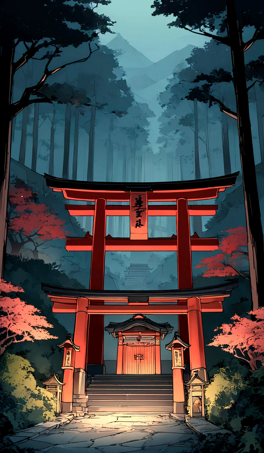 There is a big shrine in the middle of the forest at night, Mysterious temple scenery, This shrine附近, torii in the background, at night forest, Tree on the mountain々Torii gate surrounded by, quiet forest night scene, This shrine, Inspired by the East, Selangor, Real