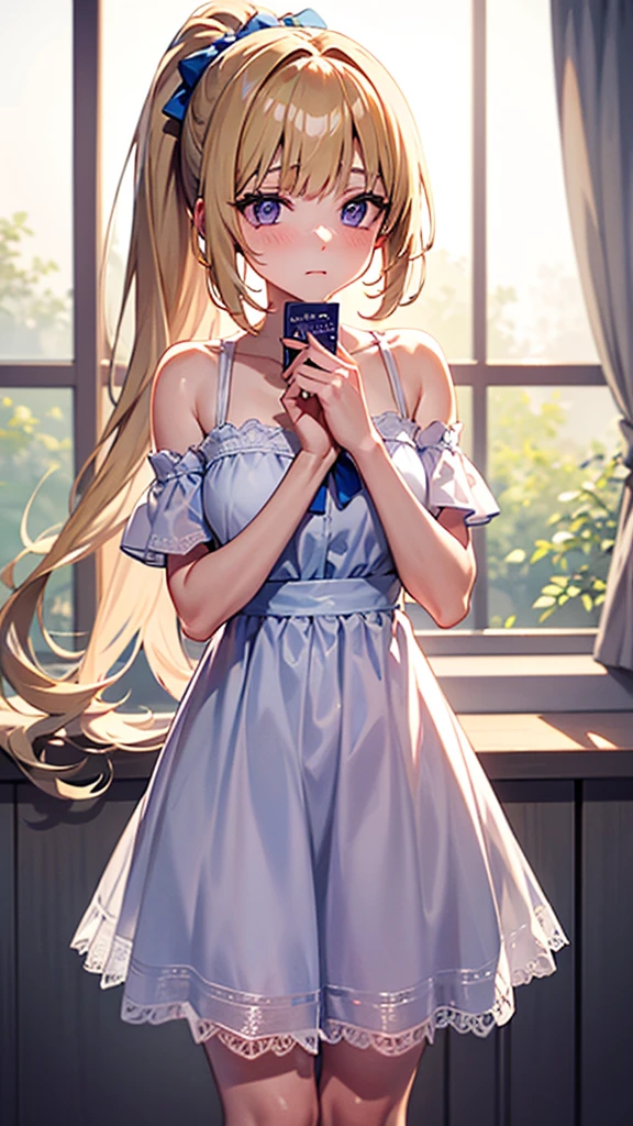 kei Karuizawa, blonde, long ponytail, violet eyes, wavy hair wearing a light, white transparant lace nightgown with a blue bow in the center. The girl should have a thoughtful expression, blush on her cheeks, and be standing in a softly lit room with a serene atmosphere. Include delicate details like lace and soft shadows to enhance the overall gentle and dreamy ambiance