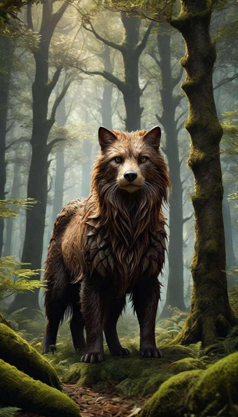 There is a creature in the forest，Human-like appearance，Brown hair all over the body，Ultra-detailed（best quality，4K，8K，High level，masterpiece：1.2），Ultra Detailed，（lifelike，Photo real，Photo real：1.37），Highly detailed animals，Complex patterns，Realistic lighting，Fantasy Creatures