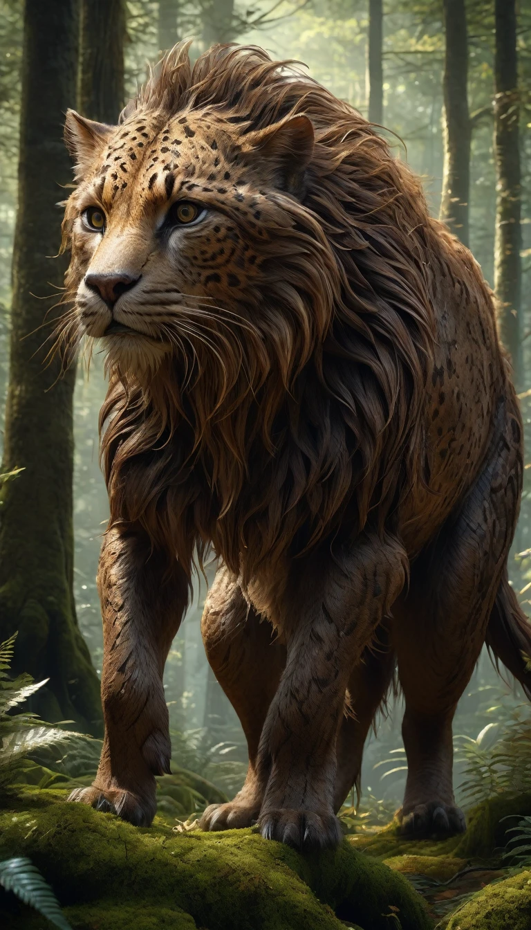 There is a creature in the forest,Human-like appearance,Brown hair all over the body,Ultra-detailed(best quality,4K,8K,High level,masterpiece:1.2),Ultra Detailed,(lifelike,Photo real,Photo real:1.37),Highly detailed animals,Complex patterns,Realistic lighting,Fantasy Creatures