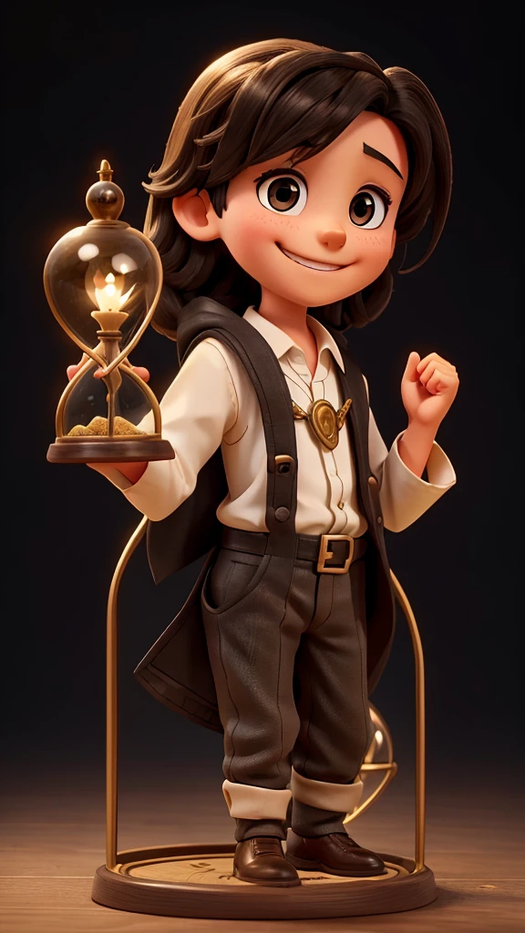 10 year old Jesus smiling with an hourglass, black background