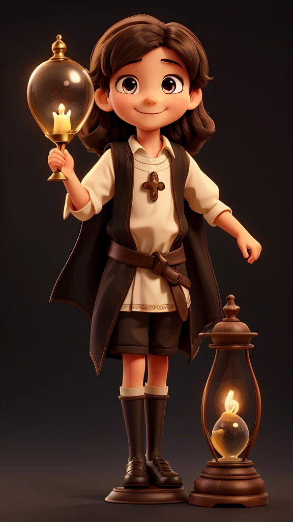 10 year old Jesus smiling with an hourglass, black background