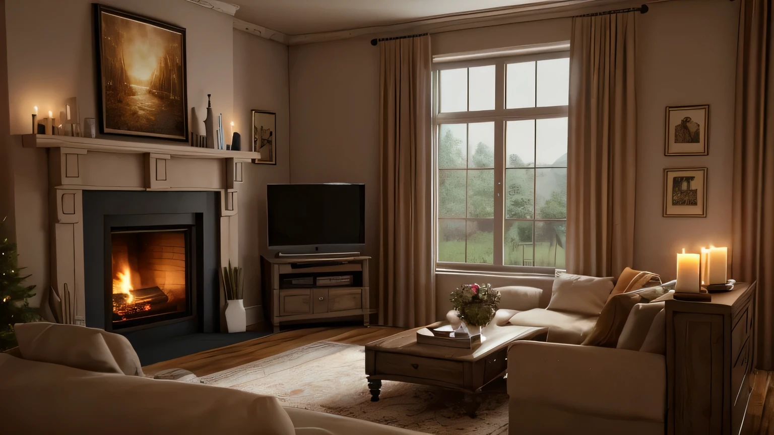 Arafi living room with fireplace, TV and sofa with candles, cozy house background, dimly lit room, large window, cozy quiet atmosphere, cozy environment, cozy living room, warm living room, cozy and calm, cozy place, cozy living room background, cozy atmosphere, cozy wallpaper, cozy atmosphere, unreal engine realistic render, unreal 5 engine advanced render, unreal engine ; romantic theme