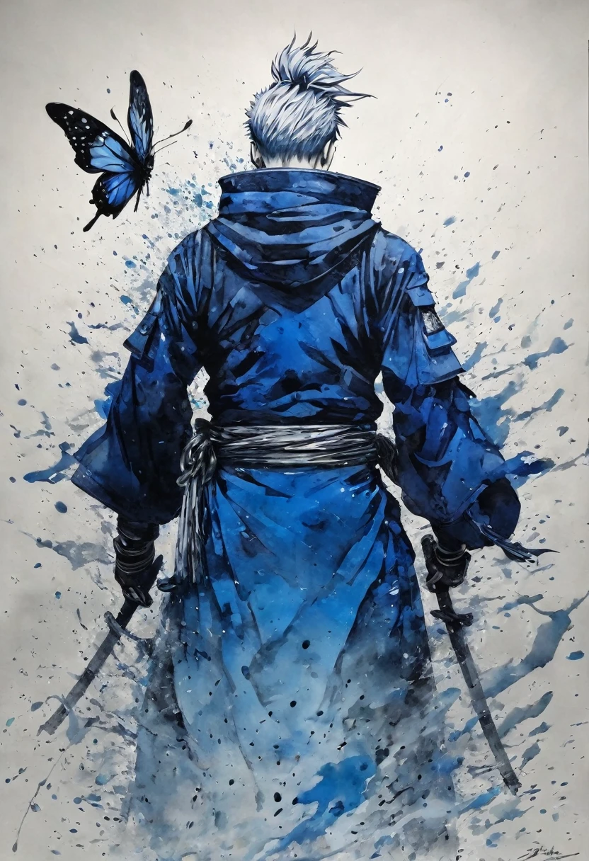 Ink and ink painting,Black and white painting,splash,Beautiful detailed glass hair,Jujutsu Kaisen,Itadori Yuuji,samurai armor,(Blue Butterfly々,Feather powder),back view,looking at viewer,