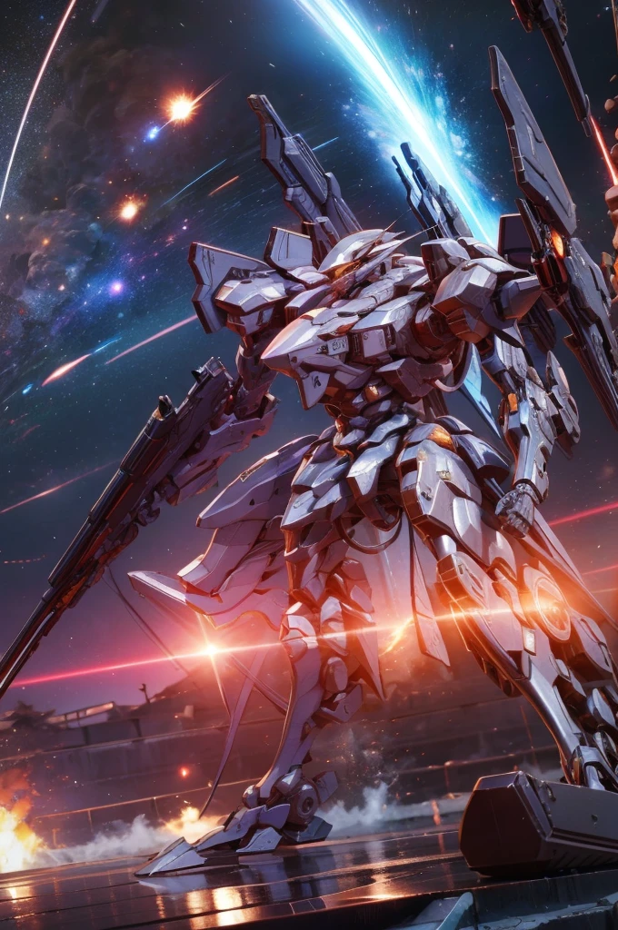 (Obra de arte, melhor qualidade:1.5).Mech branco e azul com detalhes dourados, médio, segurando uma sniper azul grande. Extremely detaild, 8K, HDR, naturallight, cinematic lighting, masterpiece-anatomy-perfect, Ultra HD, (Space Combat:1.5, Battlefield:1.5), RAW photo, metallic, professional, ultra-fine painting, perfect body proportions, anatomically correct, uhd, real texture material, Anti-Aliasing, FKAA, TXAA, SSAO, Post Processing, Post Production, Tone Mapping, CGI, VFX, SFX, Hyper maximalist, Volumetric, ultra photorealultra-detailed intricate details.