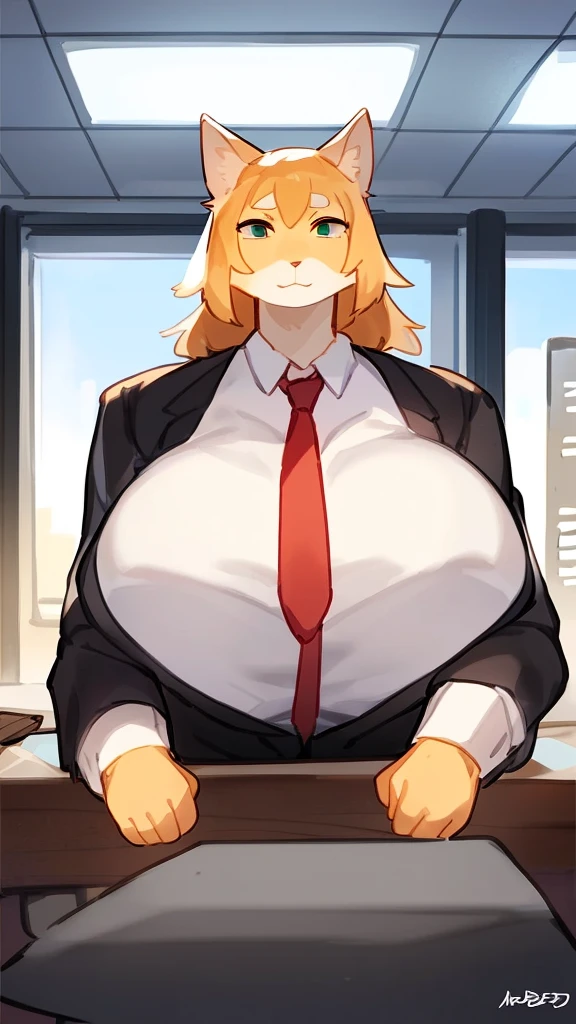 Solo, female,power,chainsawman,cat,((by bebebebebe), topheavy, office, big breasts 