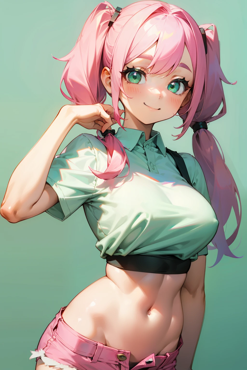 Cute girl, pink hair, pigtails, green eyes, smile, tight white shirt with short sleeves, big breasts, exposed stomach, short pants