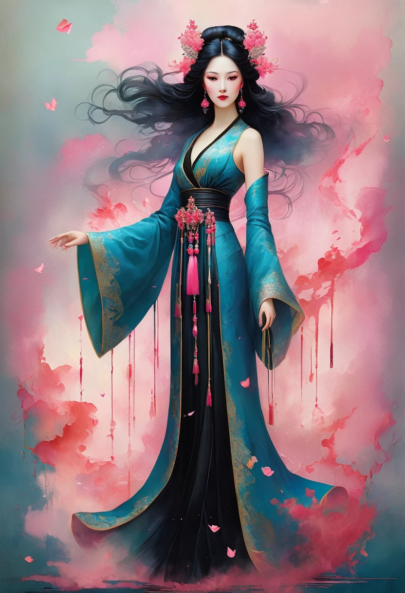 (full body:1.8), portrait of a beautiful empress, blue glowing eyes, imposing look, strong pose, porcelain skin, long black hair, ornate traditional robe, Harrison Fisher and Catrin Welz-Stein art style, vivid colors, pink color palette, highly detailed, cinematic lighting, dramatic pose, elegant, graceful, regal, intricate details, masterpiece, photorealistic, 8k, best quality