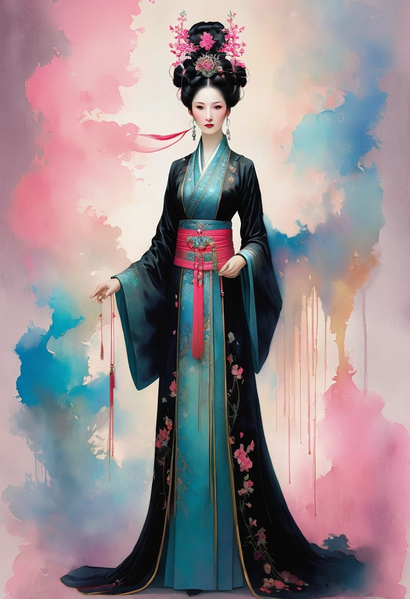 (full body:1.8), portrait of a beautiful empress, blue glowing eyes, imposing look, strong pose, porcelain skin, long black hair, ornate traditional robe, Harrison Fisher and Catrin Welz-Stein art style, vivid colors, pink color palette, highly detailed, cinematic lighting, dramatic pose, elegant, graceful, regal, intricate details, masterpiece, photorealistic, 8k, best quality