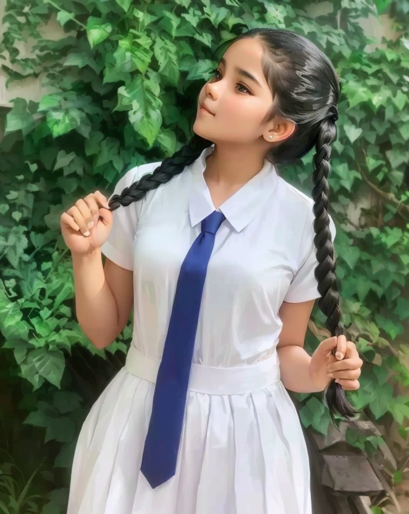 there is a young girl with long hair wearing a white dress and blue tie, wearing , girl wearing uniform, wearing a , wearing headmistress uniform, assamese aesthetic, pigtails hairstyle, cute , of a posing, with black pigtails, with lovely look, with a ponytail, jk uniform