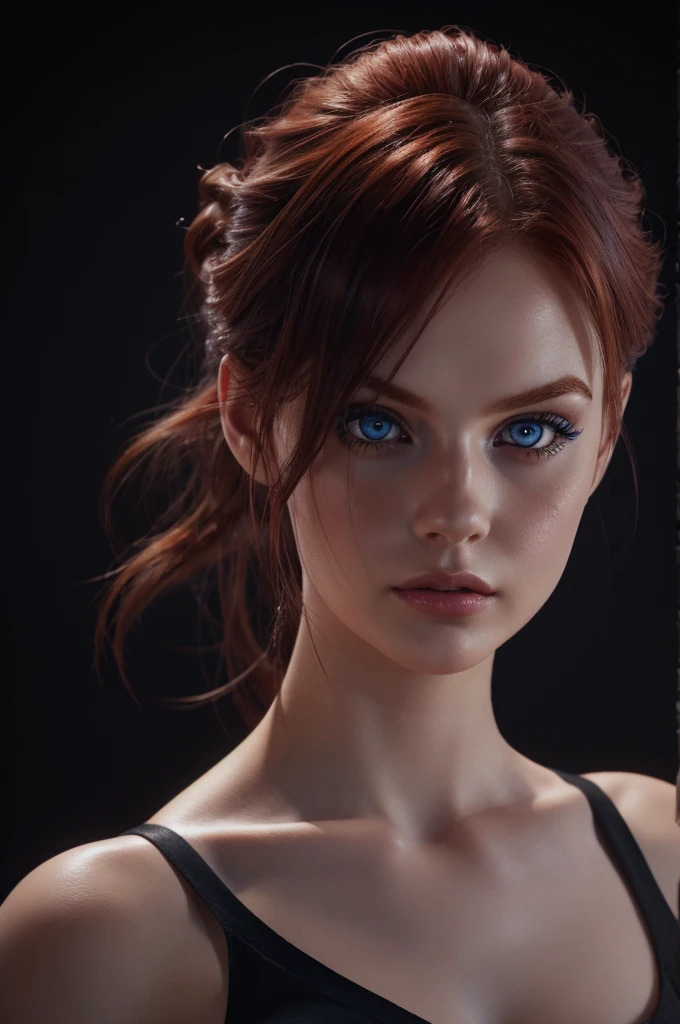 woman with medium-hair ,big blue eyes, Auburn-red-hair, pale,soft body,eyeliner,portrait, beautiful woman, beautiful female ,beautiful ,eyeliner , elegant, digital painting, smooth, dramatic lighting, ultra realistic, 8k, art , blur backgrond, black background ,black background,black wallpaper