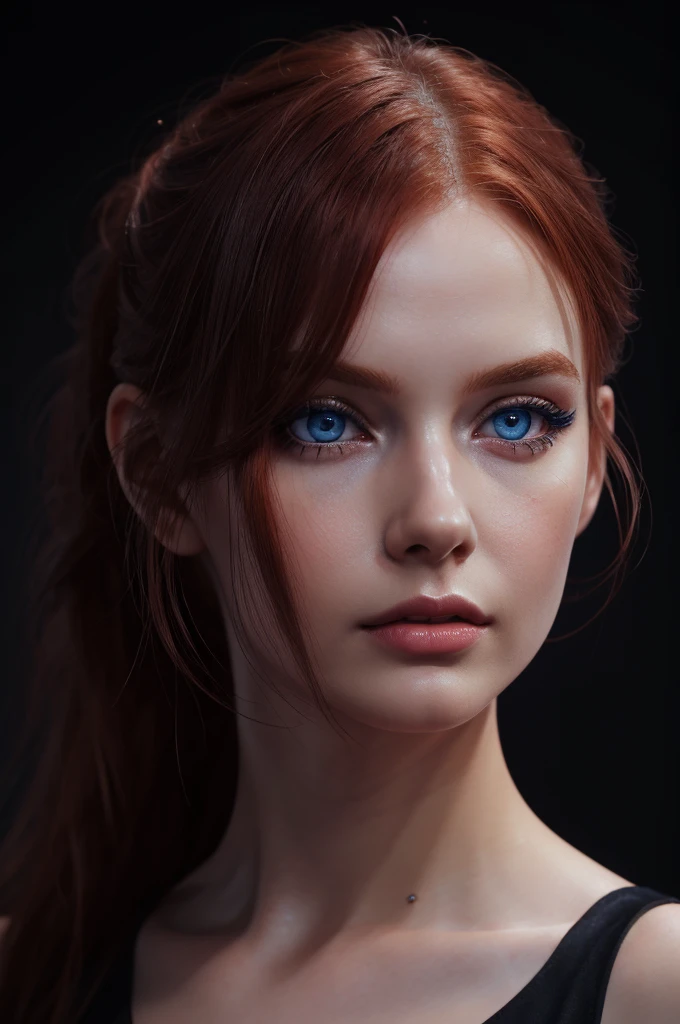 woman with medium-hair ,big blue eyes, Auburn-red-hair, pale,soft body,eyeliner,portrait, beautiful woman, beautiful female ,beautiful ,eyeliner , elegant, digital painting, smooth, dramatic lighting, ultra realistic, 8k, art , blur backgrond, black background ,black background,black wallpaper