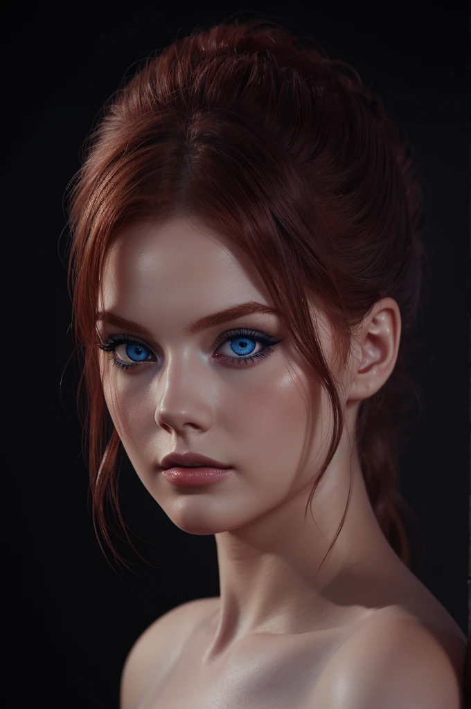 woman with medium-hair ,big blue eyes, Auburn-red-hair, pale,soft body,eyeliner,portrait, beautiful woman, beautiful female ,beautiful ,eyeliner , elegant, digital painting, smooth, dramatic lighting, ultra realistic, 8k, art , blur backgrond, black background ,black background,black wallpaper