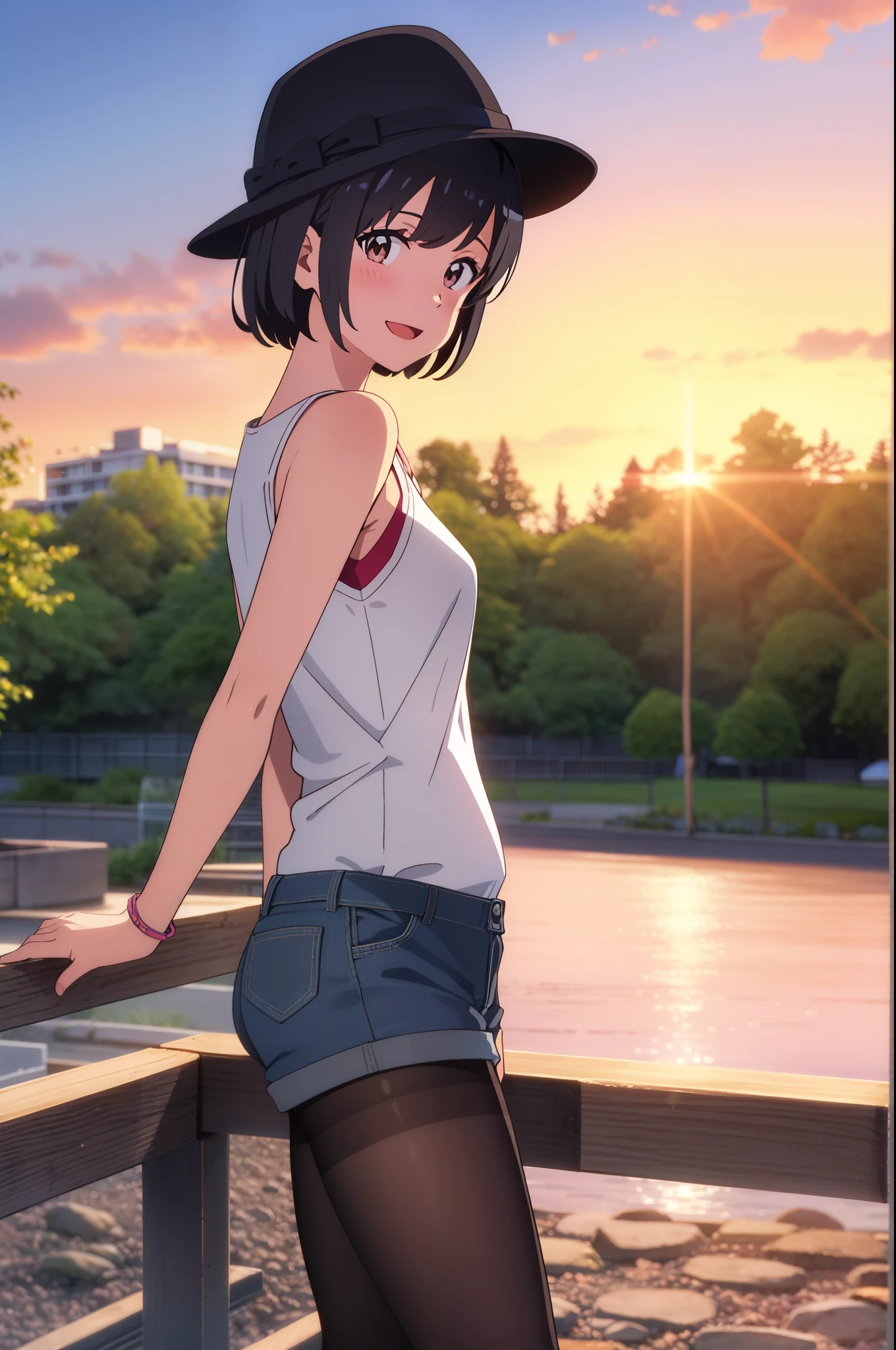 shinkai makoto, kimi no na wa., 1girl, bangs, black hair, blush, bright eyes, brown eyes, looking at the viewer, casual clothes, black bonnie hat, white shirt, bare shoulders, blue shorts, black pantyhose, short hair, solo, outdoors, shinny skin, smile, open mouth, evening, sunset, sunset sky, summer_season, scenery