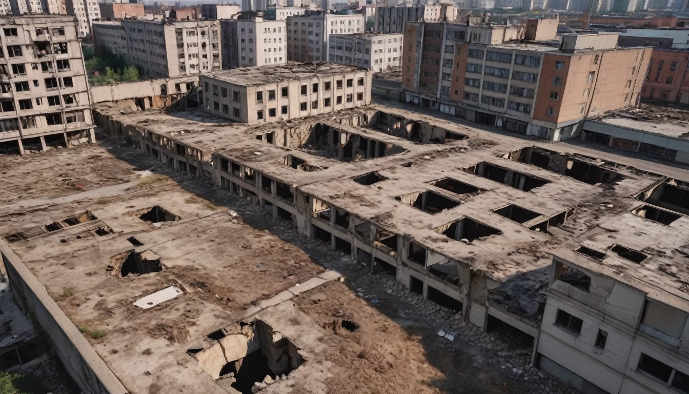 Cityscape, large modern city with several buildings. The whole city seems to be twisted and ravaged. The ground is distorted and forms several zones between several blocks of buildings. Some zones are raised in height others are lowered. The majority of buildings are destroyed and in ruins, the streets are partly destroyed and some areas are flooded. Crevices and chasms formed between several buildings creating fragments of land. There are several holes in the roads like in the buildings. The place seems deserted. [Ruins] [Modern City] [Urban Landscape] [Destruction] [Building] [Abandoned] [Outline]