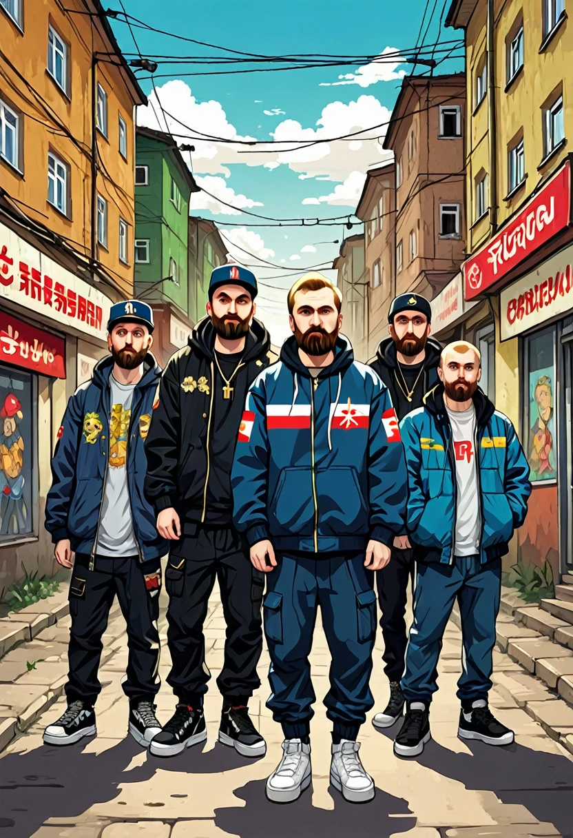 cover for a single from a Russian underground rap group, street power, a song about the area, a secondary and primitive idea, a mediocre cover for a Russian underground rap, cheap and cheerful, small bearded harsh rappers, the ambience of a poor provincial town