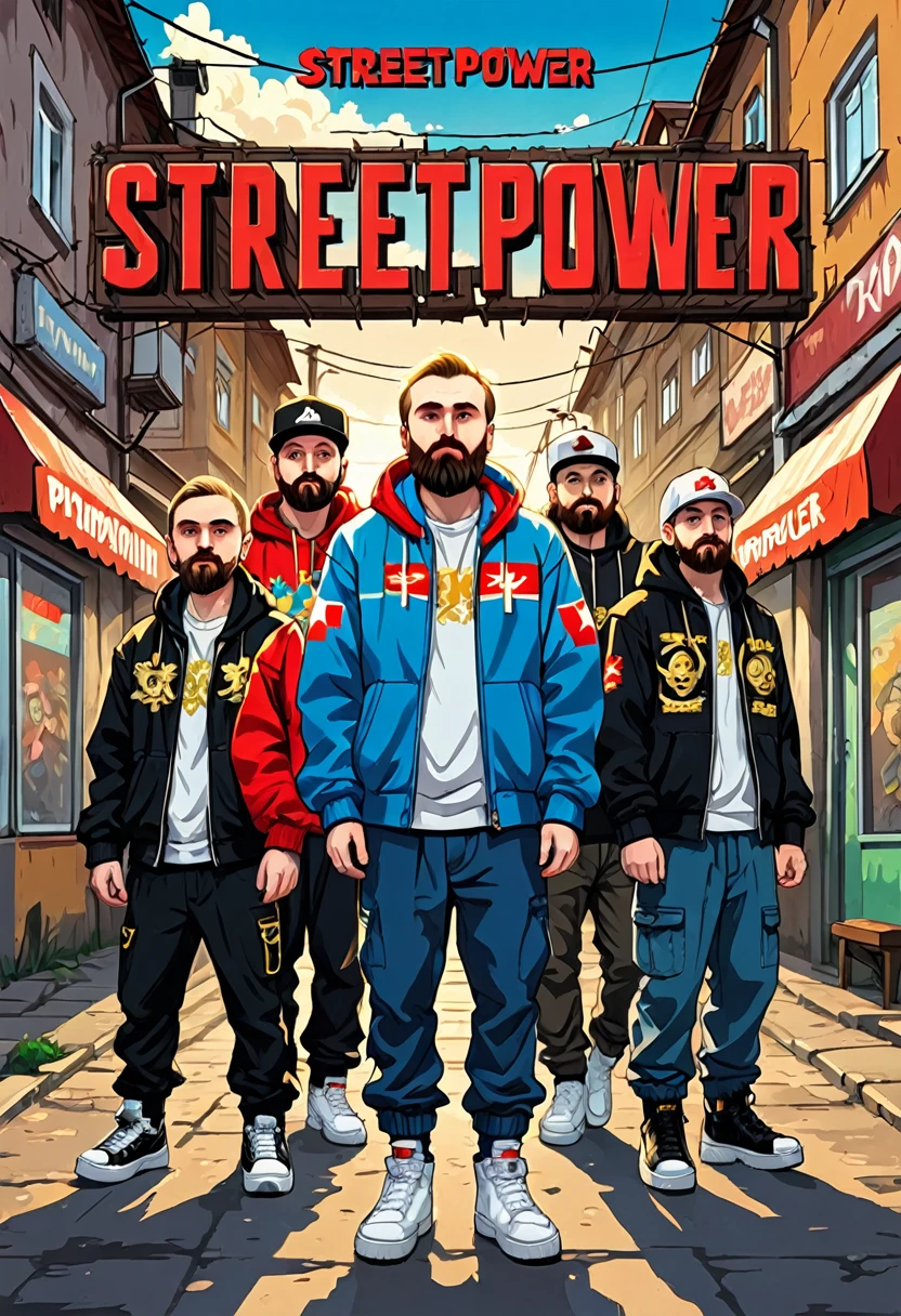 cover for a single from a Russian underground rap group, street power, a song about the area, a secondary and primitive idea, a mediocre cover for a Russian underground rap, cheap and cheerful, small bearded harsh rappers, the ambience of a poor provincial town