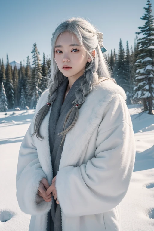 The background is the forests of the frigid tundra climate、A girl in her late teens wearing Ainu-style clothing、Her long white hair is tied back、Looking at me with a powerful gaze、Behind the girl is a white wolf and a white dragon.、Gray sky that looks like it&#39;s about to snow