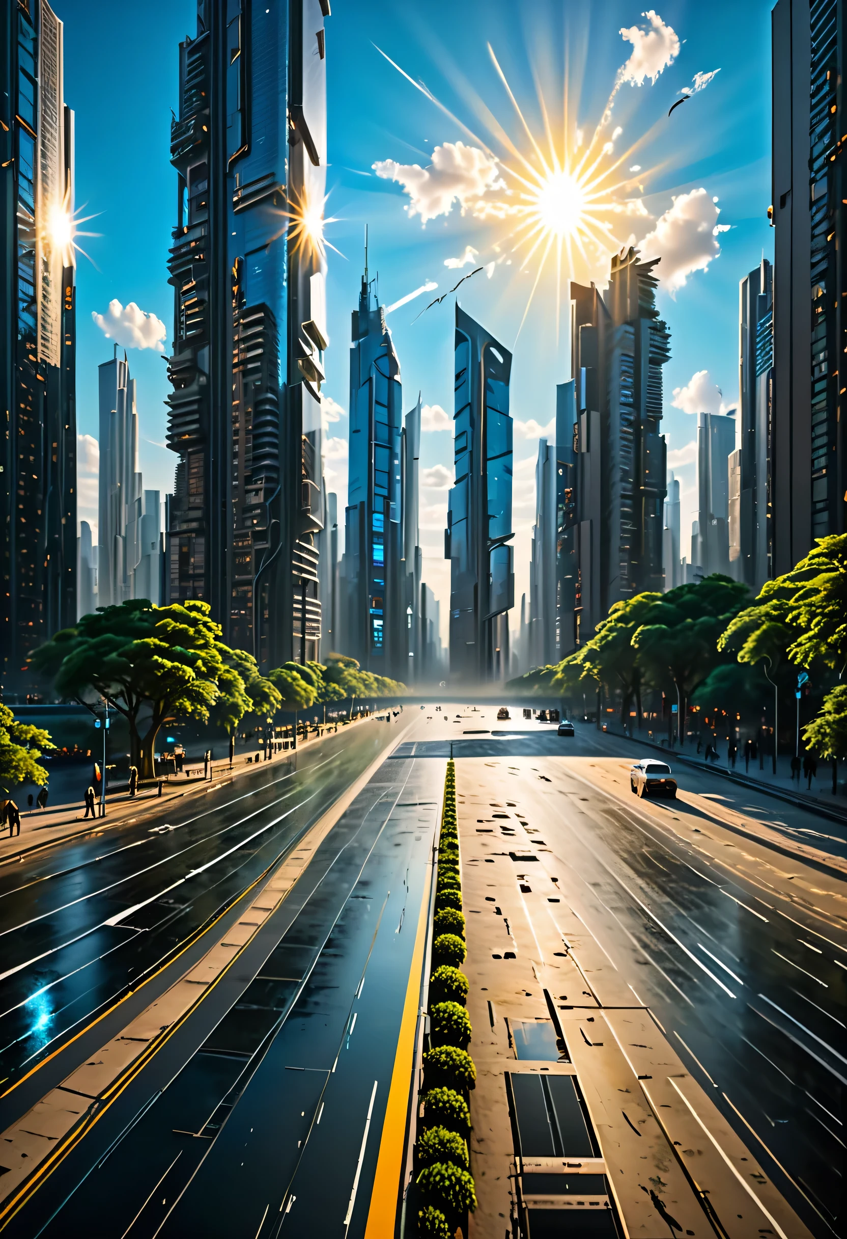 (best qualityer,4K,8K,high resolution,work of art:1.2),ultra detali,(realisitic,photorealisitic,photo-realisitic:1.37),Aerial view,paisaje,widescreen,expansive, big fit ass, paisaje urbana,skyscrapers,high buildings,urban environment,Traffic,streets,highways,people walking,birds flying,lighting sun,eyeshadows,soft clouds,blue sky,sharp details,intricate layout of the city,Aesthetics,modern architecture,swirly vibrant colors,soft breeze,Picturesque,giorno.