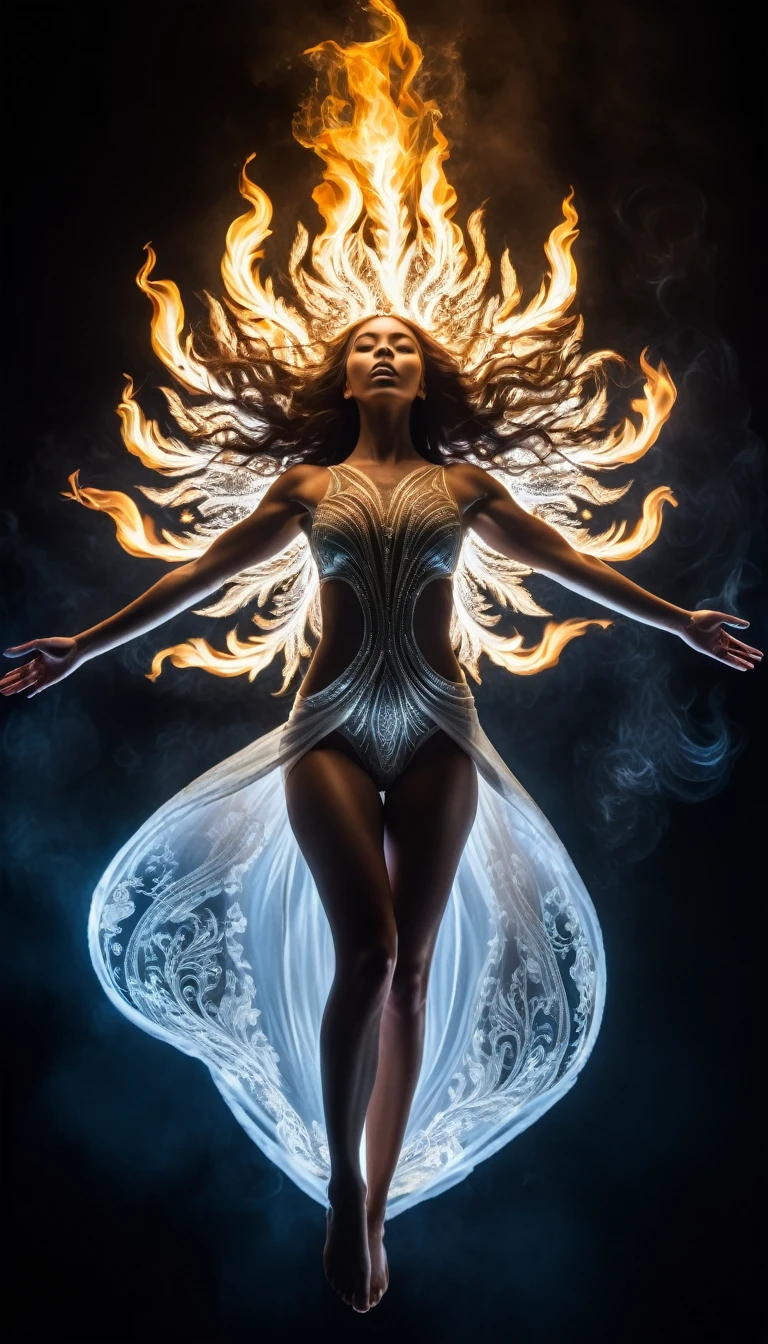 captivating design, real photography, canon 1D, the rise of the spiritual woman, full body, seen from above, floating, the arms of the spiritual being are open, white body, radiating light over her body, at the end of each arm, the sacred feminine, there are flames of fire, detailed, 8k, reflections, intricate details, skin, hair, pores, marks, sweat, masterpiece.