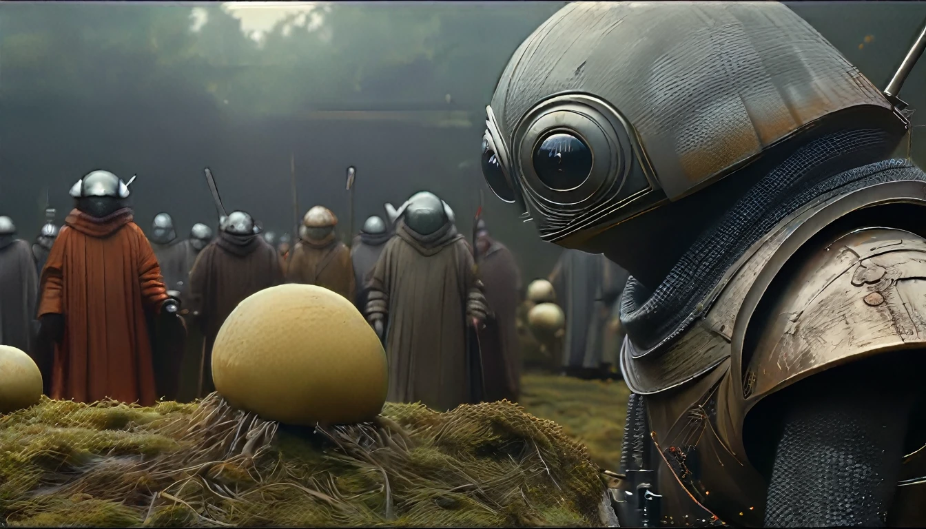 In portrait, characters inspired by the Start Wars universe by Ralph McQuarrie and Anton Semenov, Wayne Barlowe in a Middle Ages setting, as robots, exotic alien beings interacting with people, inspired by Hieronymus Bosch and Shaun Tan. Directed by George Lucas. ((cinematic film)), ultra detailed, intricate, sharp focus, object texture, Studio photo, detalhes intricates, highly detailed, in Real Photo style, hyper-realistic, High dynamic range, rich colors, Realistic textures, 8K uhd , high color depth, Nikon D 850 |, Porta Kodak 400, fujifilm XT, (cinematic:3.3)