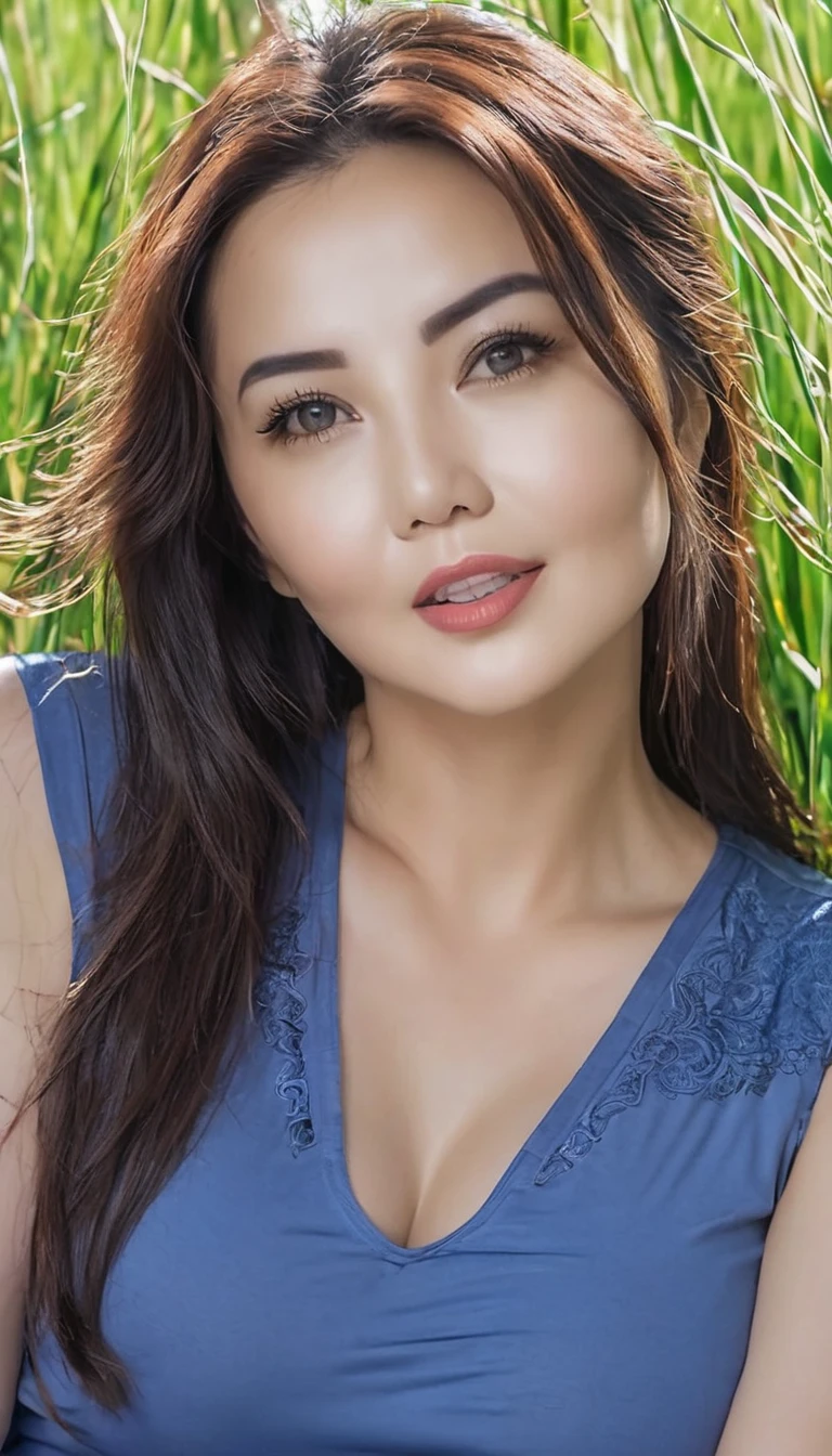 33 years Old, (Sugar mommy), (Sensual Lips), beauty face, (White Skin), nice beauty eyes, shinny eyes, long eyelashes,beautiful mongol woman, Big:75,tall:175,wearing blue tanktop shirt, curvy body, nice hip, MEDIUM stomache, big breasts, seducing pose, MOANING, slurty, wet sweaty, at green rice field, OPEN MOUTH, highres, 32k