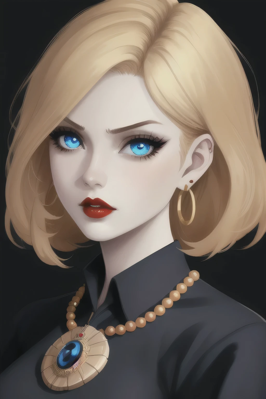 goth girl woman, pale skin, Red lips, Japanese explosion, high quality, Blue eyes, simple background, dark background, serious look, black clothes, necklace, detailed face, detailed eyes, Golden hair, eyelashes, earrings, portrait,