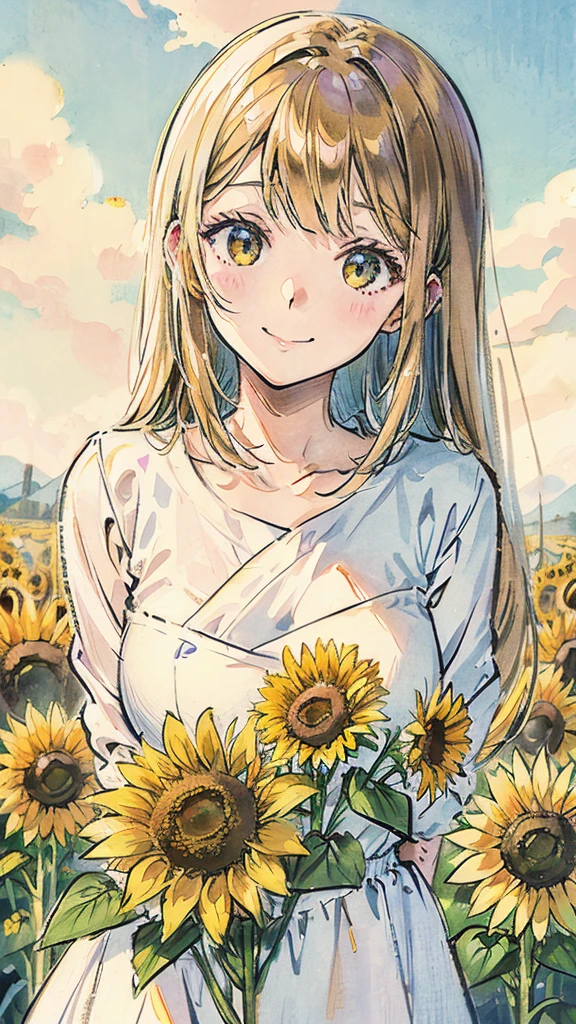 Sunflower field girl Onebees shy smile colored pencil drawing