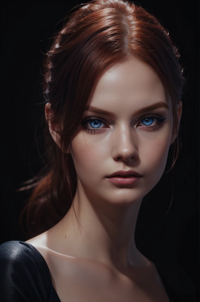 woman with medium-hair ,big dark blue eyes, Auburn-red-hair, pale,soft body,eyeliner,portrait, beautiful woman, beautiful female ,beautiful ,eyeliner , elegant, digital painting, smooth, dramatic lighting, ultra realistic, 8k, art , blur backgrond, black background ,black background,black wallpaper