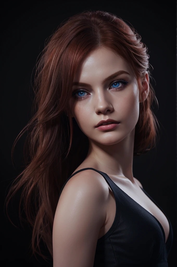 woman with medium-hair ,big dark blue eyes, Auburn-red-hair, pale,soft body,eyeliner,portrait, beautiful woman, beautiful female ,beautiful ,eyeliner , elegant, digital painting, smooth, dramatic lighting, ultra realistic, 8k, art , blur backgrond, black background ,black background,black wallpaper