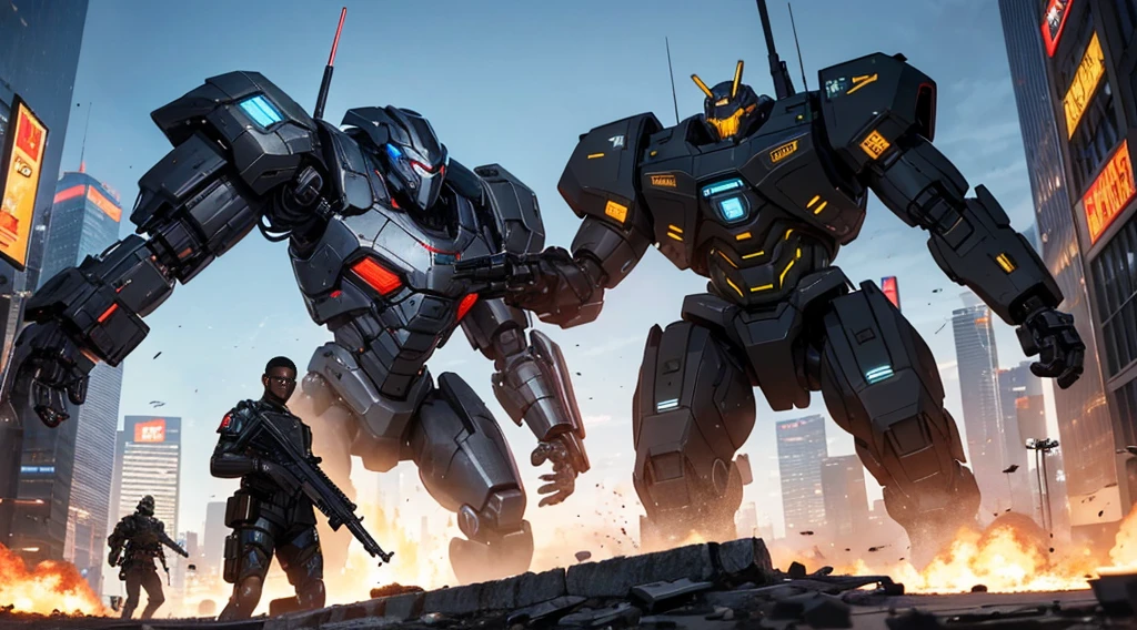 a black-skinned man in a technological military uniform wields a rifle against a metallic robotic beast in a futuristic cyberpunk city