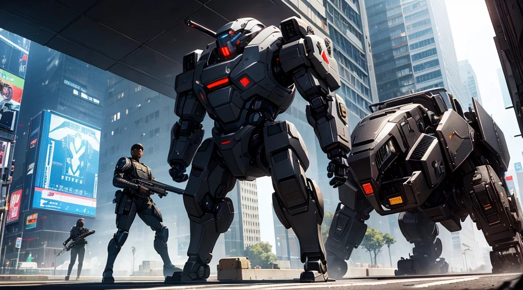 a black-skinned man in a technological military uniform wields a rifle against a metallic robotic beast in a futuristic cyberpunk city